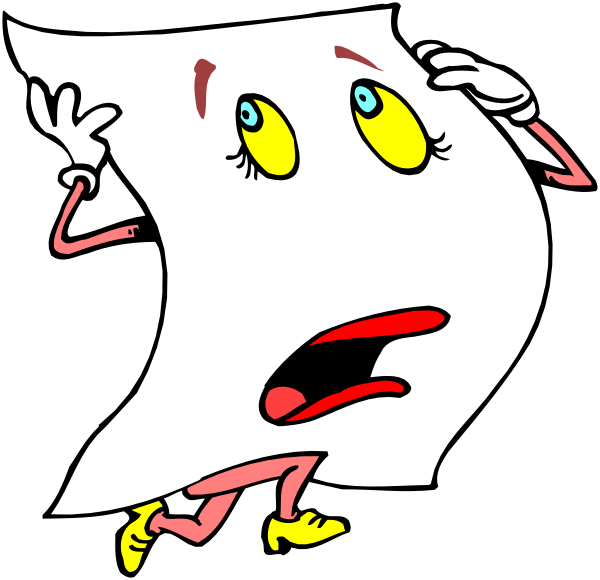The cartoon shows a large sheet of paper with eyes drawn on it walking away from an open book that has been ripped out to reveal its pages inside.