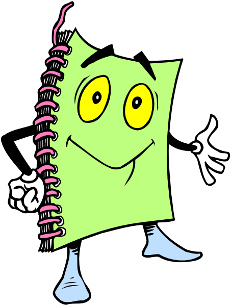The cartoon depicts a notebook with eyes that appears to be waving at someone while standing upright on its spine against a black background.