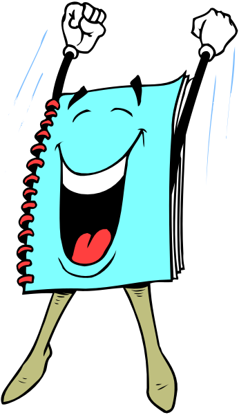 The image shows a cartoon of an open book with two pages visible; on each page is a smiling face drawn to resemble a person's head peeking out from behind what appears to be notebook paper, and there seems to be some sort of character or mascot in the center holding up its hands as if celebrating.