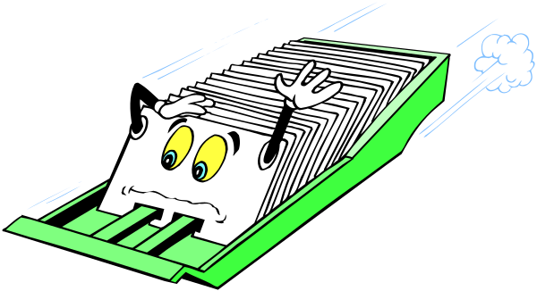 The image shows a cartoon of an open book with pages that appear to be falling out onto what looks like a dark background; there is no text present in this clip-art illustration.