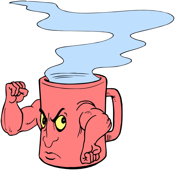 The cartoon shows two coffee mugs with faces on them; both have exaggerated facial expressions: anger for the left cup (red) and surprise for the right one (white).