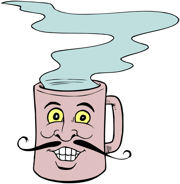 The cartoon shows a coffee mug with steam rising from it on top of which is an illustration of a man's head wearing glasses; he has facial hair including mustache and beard, wears a pink shirt, and appears to be in mid-thought or conversation as suggested by the speech bubble.