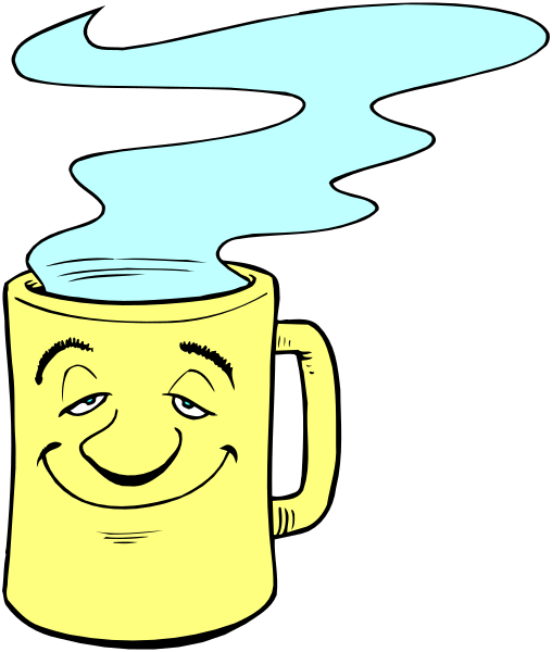 The cartoon shows a yellow mug with steam coming out of it on top of an illustration that resembles a coffee cup filled to overflowing point.