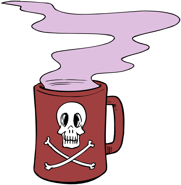 The image shows a red coffee mug with steam rising from it on top of which is an illustration of a skull wearing pirate attire; there's also smoke coming out of the cup that resembles purple vapor, and in front of this scene stands a black background.