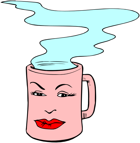 The illustration shows a cartoon of an anthropomorphic coffee mug with steam coming out from its top, giving it human-like features such as eyes and lips. It is depicted in black ink on white paper against a dark background.