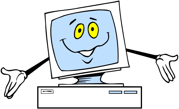The cartoon depicts a computer monitor with an animated face on it that is smiling at another screen displaying what appears to be a skeleton's hand typing into a keyboard.