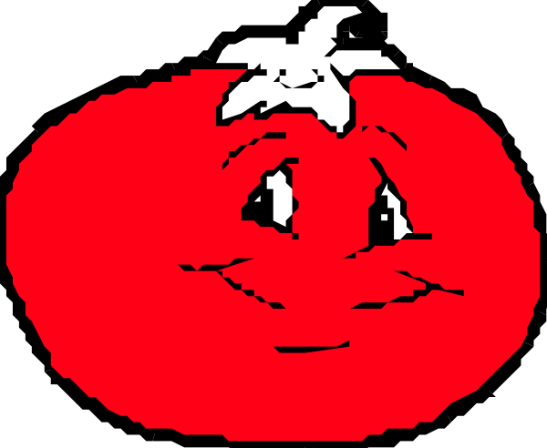 The image shows a cartoon of two tomatoes with faces; each has eyes, eyebrows, mouths, noses, and is smiling. They appear to be standing next to one another on what looks like green leaves against a black background.