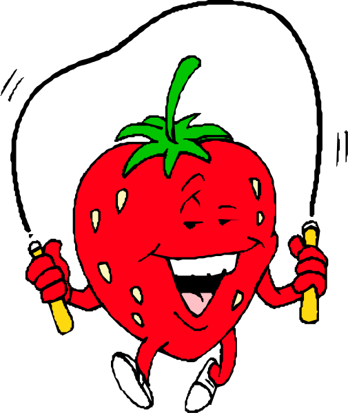 The cartoon depicts a strawberry character with arms outstretched as if dancing, wearing sunglasses on its eyes, holding what appears to be an ice cream cone in one hand while smiling broadly at something off-frame.