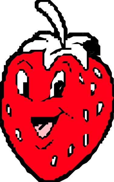 The image shows a cartoon strawberry with eyes on it against two different backgrounds: black for half of its body and red for the other half.