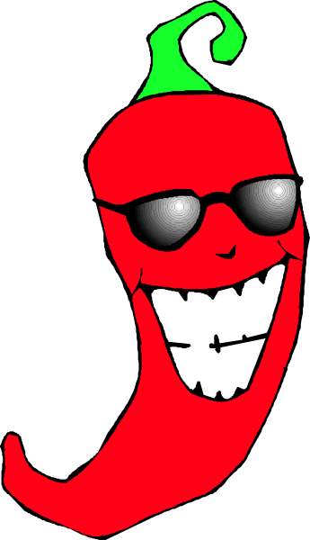 The image shows a cartoon pepper with sunglasses wearing black shades over its eyes, smiling broadly against a dark background; it is stylized in an animated manner typical of clip-art images.