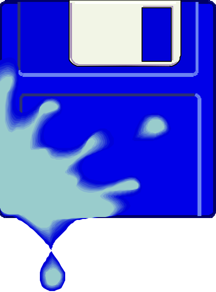 The image shows a blue floppy disk with water droplets falling from it onto what appears to be an open book below on its right side.