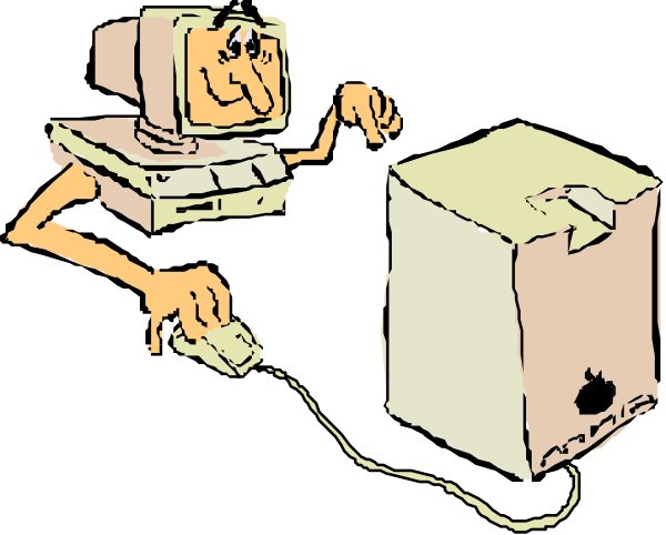 The cartoon shows two animated characters interacting with a computer: on the left is an older man holding his hand to what appears to be a monitor screen; he's wearing glasses and has white hair. On the right, there's another character who seems younger or more modernized in appearance—he looks like he could have been drawn using digital art tools such as Photoshop or Illustrator. This second figure is holding onto what appears to be a computer tower with his left hand while looking at it intently; on the right, there's an open box that seems to