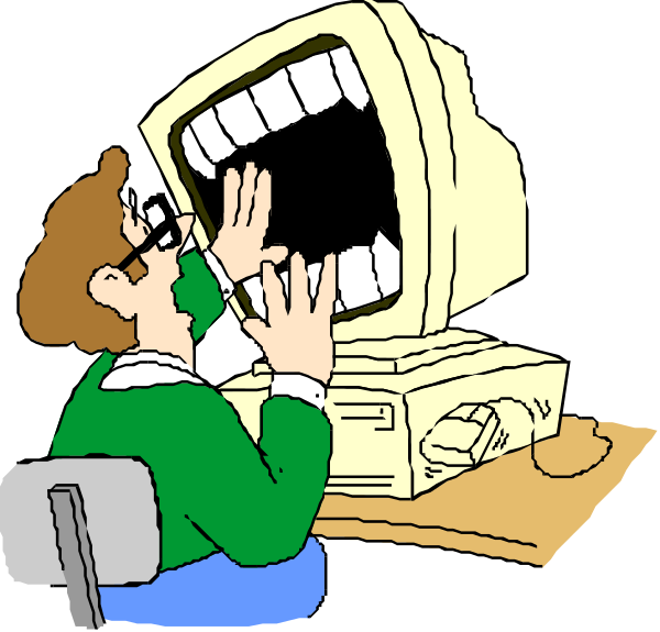 The cartoon shows a man sitting at his desk with an open mouth next to a computer monitor that has been bitten into; he is wearing glasses and appears surprised by what's happening on screen.