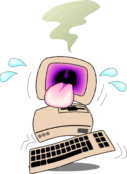 The cartoon shows a computer with steam coming out of its top right corner next to an iconic "blue screen" error message on its monitor; it's sitting in front of another desktop PC that has been knocked over, and there is smoke rising from both computers as if they are malfunctioning.