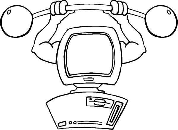The black and white illustration shows a cartoon character lifting weights with both hands above their head while standing next to an old-fashioned computer monitor that has two dials on its side.