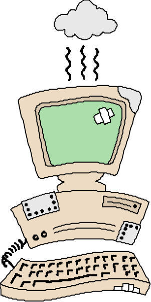 The image shows a cartoon of an old computer with various components such as keyboard, monitor, mouse, floppy disk drive, CPU tower, RAM sticks on top, all sitting in front of what appears to be a green field under a blue sky background.