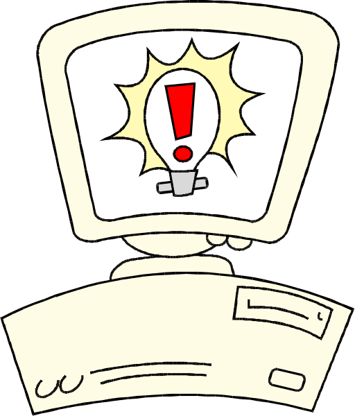 The image shows a cartoon of an old computer monitor with a speech bubble containing exclamation marks above it on top of what appears to be a keyboard, suggesting surprise or attention-grabbing behavior typical for such devices in media and advertising contexts.