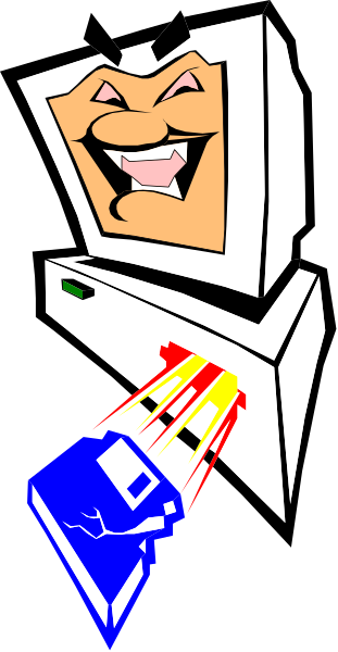 The image shows a cartoon of an astronaut with exaggerated facial features standing next to what appears to be a computer monitor displaying various icons on its screen. There is also a small blue object resembling a satellite in front of them, and behind it all are stars against the black background. In their hand, they hold a tool that looks like an antenna or device with multiple wires extending from one end to another. The astronaut has white hair on top of its head and is smiling broadly while looking directly at the viewer.