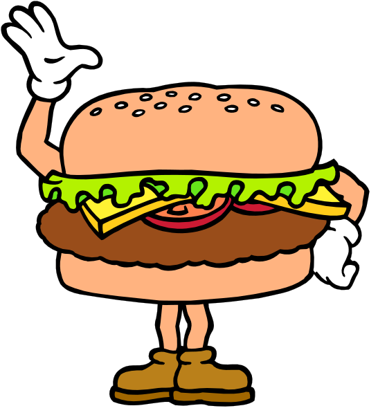 The cartoon shows a hamburger character with lettuce on top of it standing upright against a black background.