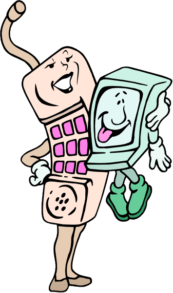 The cartoon depicts a man holding an old cell phone with antennae to his ear while another character is standing next to him wearing a pink shirt; both characters appear surprised as if reacting to something unexpected, possibly related to technology given their attire and props.