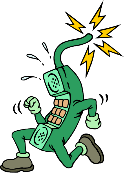 The cartoon depicts a green alien character running with an expression of surprise while holding two cell phones that emit lightning bolts from their antennas.