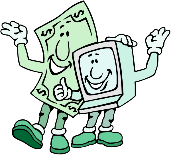 The cartoon shows a money bag character waving with its right hand while holding up another figure that appears to be an electronic device like a computer monitor; both characters have smiling faces on them.