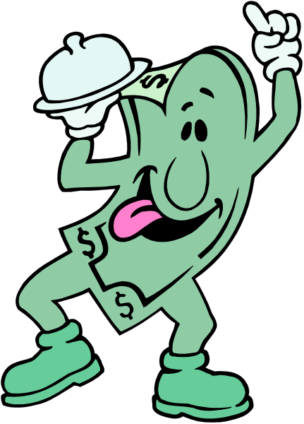 The cartoon depicts a green dollar bill character with money coming out of its mouth while dancing to music on stage; it is wearing sunglasses over one eye, has an exaggerated smile showing teeth, holds two cups in each hand and appears happy.