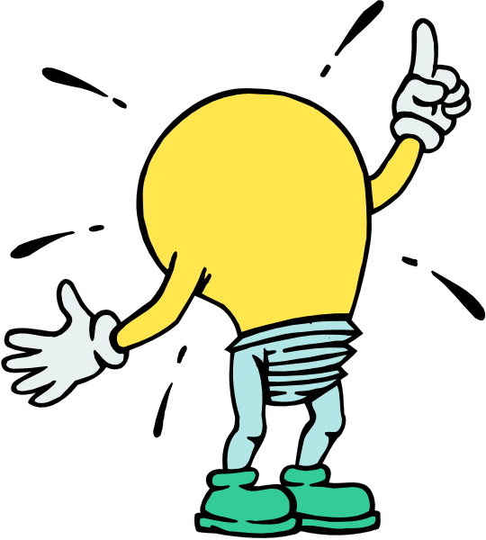 The cartoon depicts a yellow light bulb character with arms outstretched as if dancing against a black background.