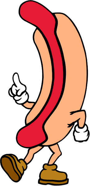The image shows a cartoon of an anthropomorphic hot dog character with humanoid features standing upright on two legs, wearing shorts, shoes, gloves, and holding what appears to be a sausage in its right hand while looking upwards towards something out of frame.