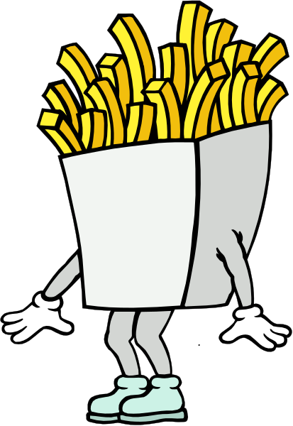 The cartoon shows a large French fry character with arms outstretched standing next to an oversized basket of golden yellow fries labeled "French Fries."