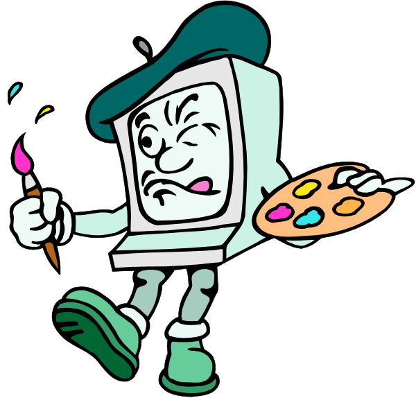 The cartoon depicts a computer monitor with eyes that appears to be alive holding paintbrushes while standing on its side; it's wearing an artist hat and has mustache-like lines drawn across its face, giving off a grumpy expression as if displeased or annoyed by the situation.