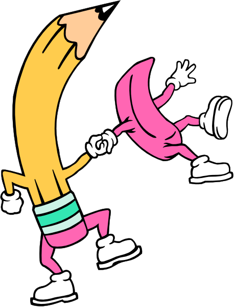 The cartoon depicts a pencil with an eraser on top of it that has been anthropomorphized to look like a person running away from two bananas who appear as if they're chasing after him, set against a black background.