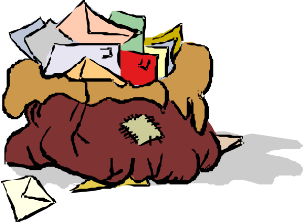 The image shows two cartoon bears sitting on a bed with papers scattered around them; there is no text present within this small clip-art illustration.