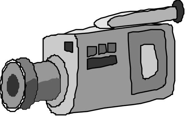 The black and white cartoon shows a camera with its lens facing forward on top of another object that appears to be an old-fashioned projector, suggesting film production equipment from earlier times in cinema history.
