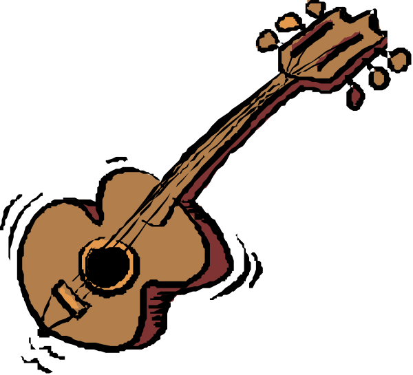 The image shows a cartoon guitar with six strings against a black background.