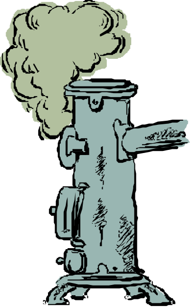 The black and white cartoon shows a steam engine with smoke coming out of its top right side; it's on fire in front of an old-fashioned building that has two windows visible from this angle, one above another.