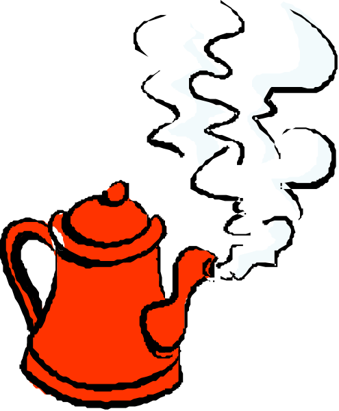 The black and white illustration shows a red teapot with smoke coming out of it on top right corner against dark background.