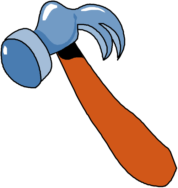 The image shows a hammer with two different heads: on top left corner there is an orange head of a nail sticking out from behind it; below that in bottom right corner, another blue-colored hammerhead protrudes forward and to its side.