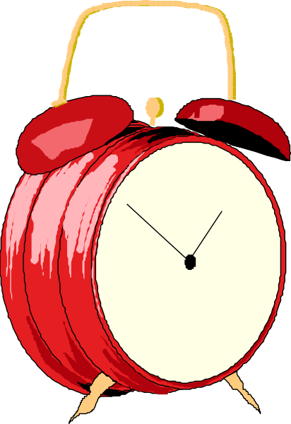 The image shows a red alarm clock with white hands against an unseen background.