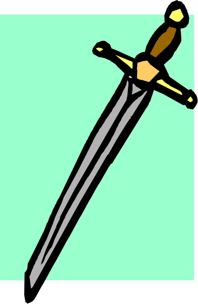 The image shows a sword with an intricate design on its blade against a light blue background.