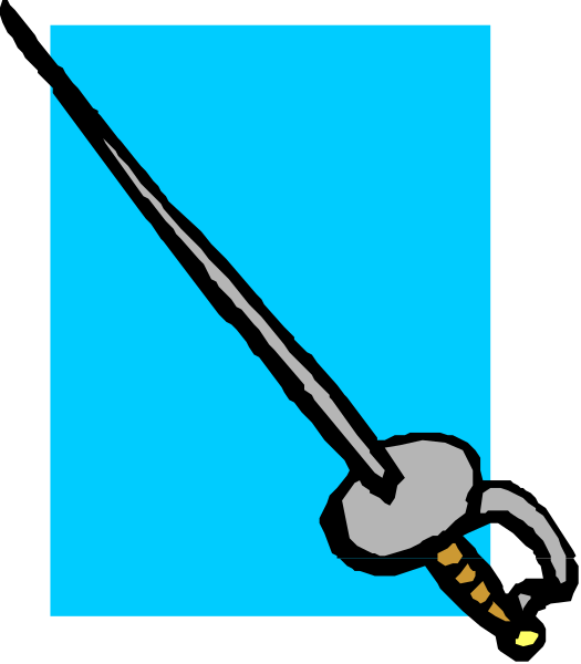 The image shows a sword with an orange handle pointing upwards against a blue background on what appears to be a computer screen displaying this clip-art graphic.