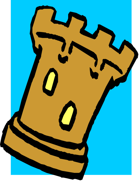 The image shows a cartoon depiction of an old castle tower with two windows on top against a blue sky background.