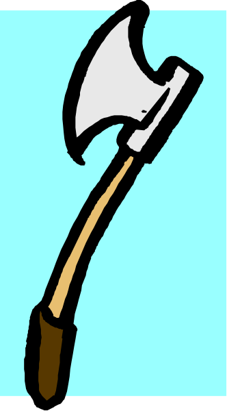 The image shows a cartoon axe with wooden handle leaning against an unseen surface on what appears to be a blue background.