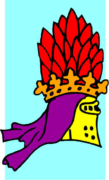 The image shows a colorful cartoon of an animal with red spikes on its back wearing what appears to be armor pieces in shades of purple and yellow, standing against a blue background that has stripes at the bottom resembling grass.