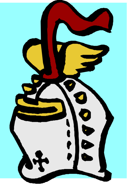The image shows a cartoon of an armored knight with wings on its back standing next to what appears to be a castle wall in front of which is flying a red flag.
