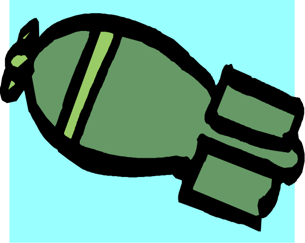 The image shows a cartoon of an atomic bomb with two missiles on either side next to it.