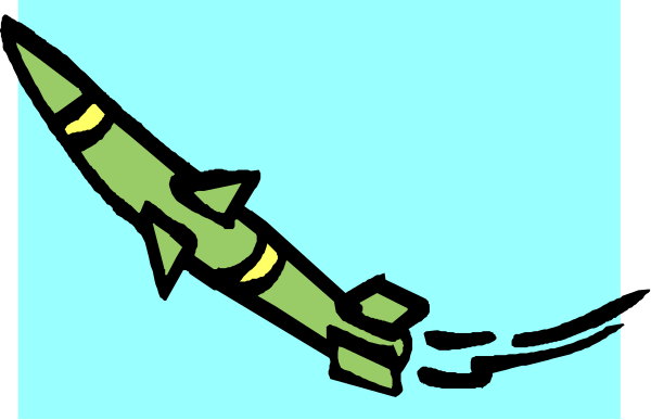 The image shows a missile flying through an open window with its fins visible against a blue sky background.
