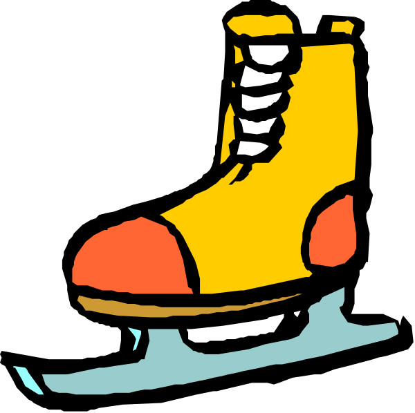 The cartoon shows a yellow boot with red laces on top of an ice skate, which is depicted against a black background.