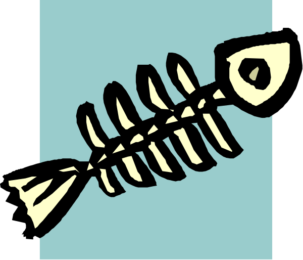 The image shows a cartoon fish with bones sticking out of its body next to an arrow pointing at it on what appears to be a blue background.