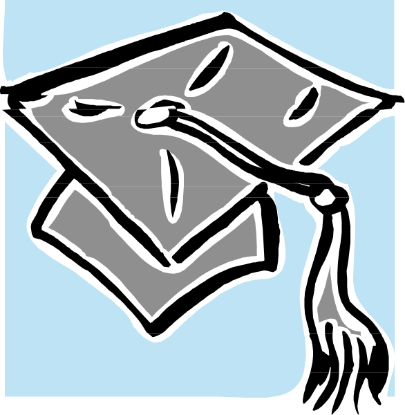 The black and white illustration shows a graduation cap with an open book on top of it next to what appears to be a diploma scroll in front of them both.